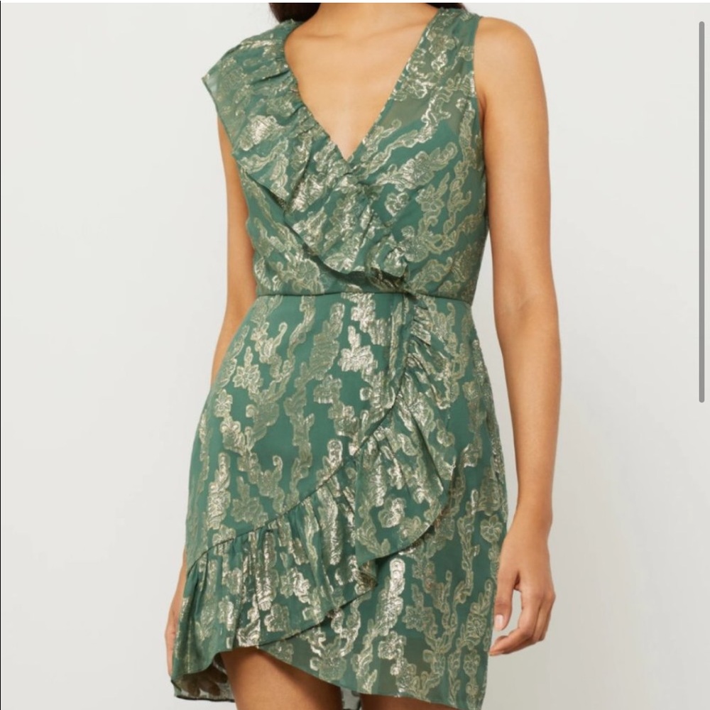 BCBG Faux Wrap Dress - Metallic Green